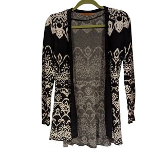 Bellini Black White Damask Pattern Open Front Long Sleeve Cardigan Sweater M